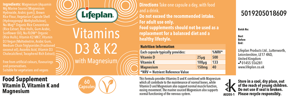 VITAMIN D3 &, K2 w MAGNESIUM 60 CAPSULES L/PLAN - Image 2