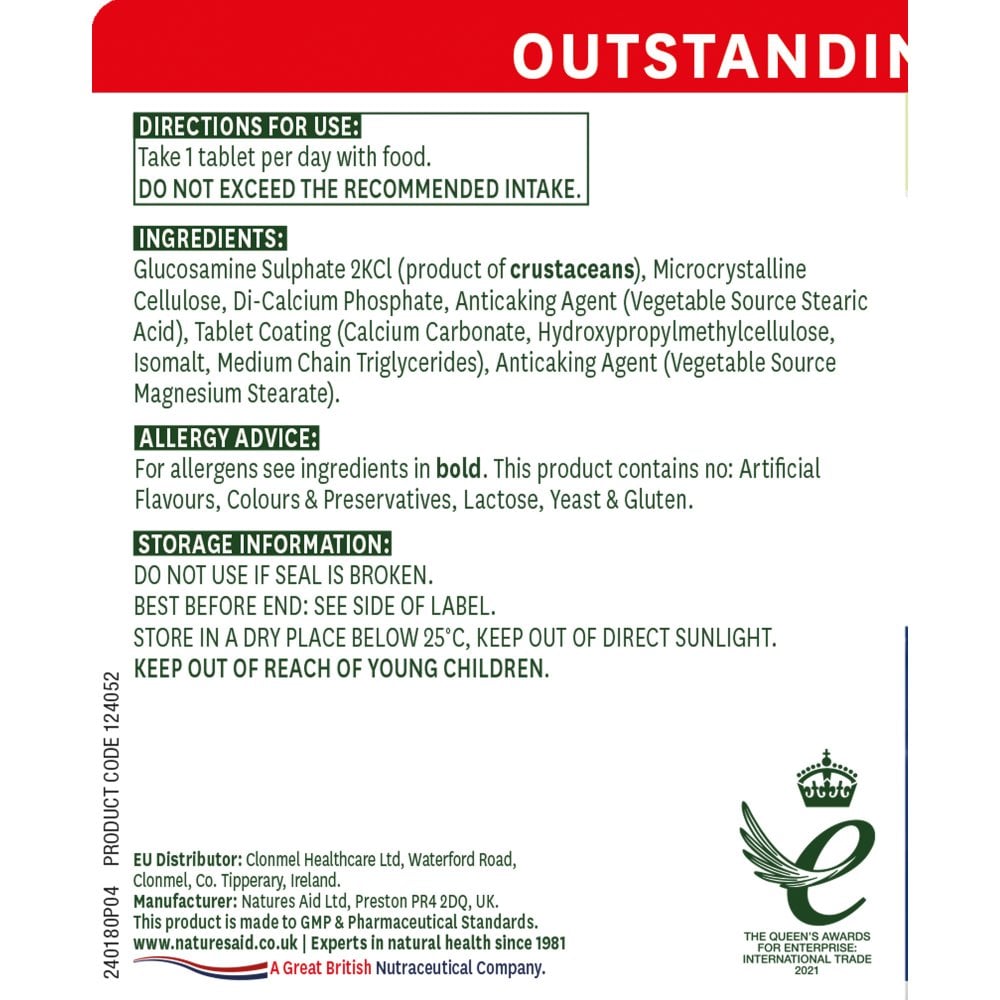 NATURES AID GLUCOSAMINE SULPHATE 1500mg 180 TABLETS - Image 2